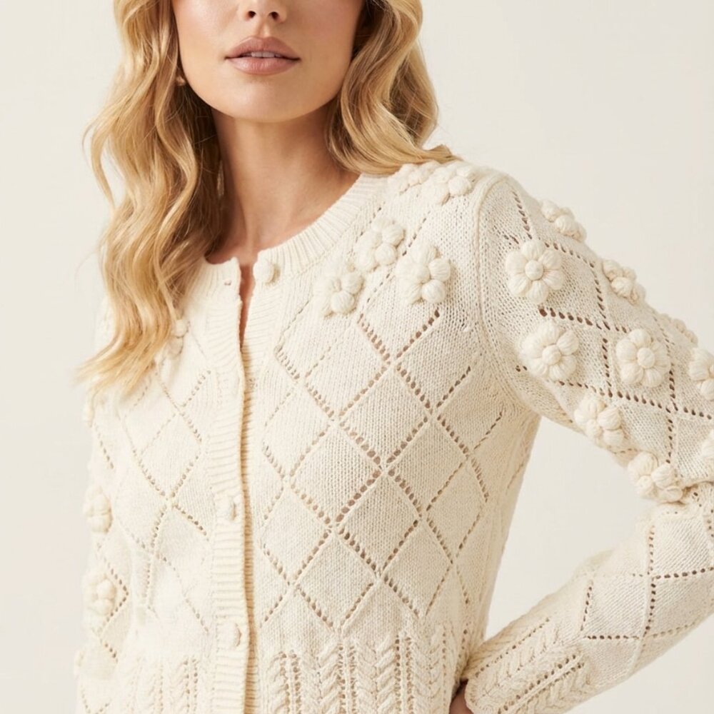 NWT Caroline Constas Ivory Knit Cardigan Scalloped Hem Pompom Detail Luxury Desi